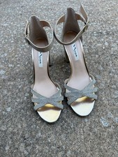 Nina New York Gold Shimmer Rhinestone Strappy Ankle Strap Block Heel Sandals