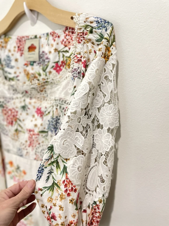 Mini Vestido FARM RIO Bufandas Forales Inserto de Encaje Boho Talla XS Crema Mezcla de Lino Foto 4 de 4