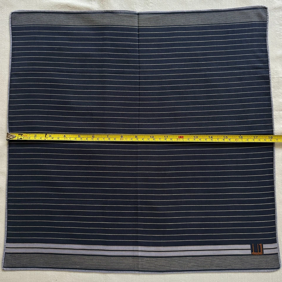 Lenço vintage Dunhill azul marinho listrado horizontal algodão bolso quadrado 18" - Imagem 3 de 3