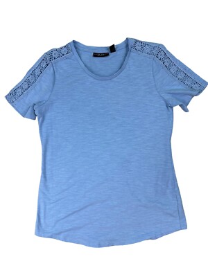 Susan Graver Women's Blue Weekend Textured Cotton Top with Lace Detail Size XXS