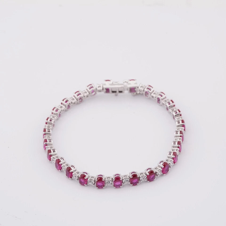 Brazalete Tenis Rubí Creado en Laboratorio Corte Ovalado Chapado en Oro Blanco 14K Para Regalo Foto 3 de 4