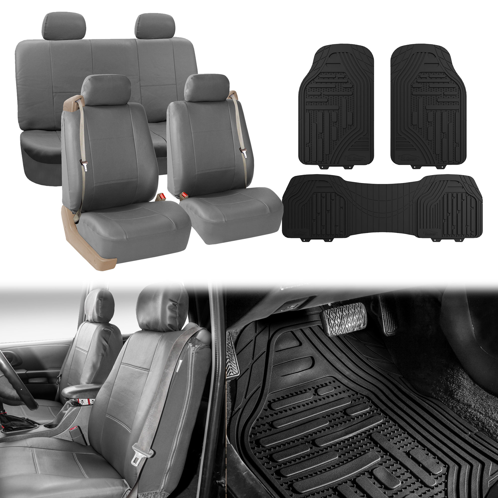 Gray Seat Covers Black Floor Mats Full Set for Integrated Seatbelt Vehicles