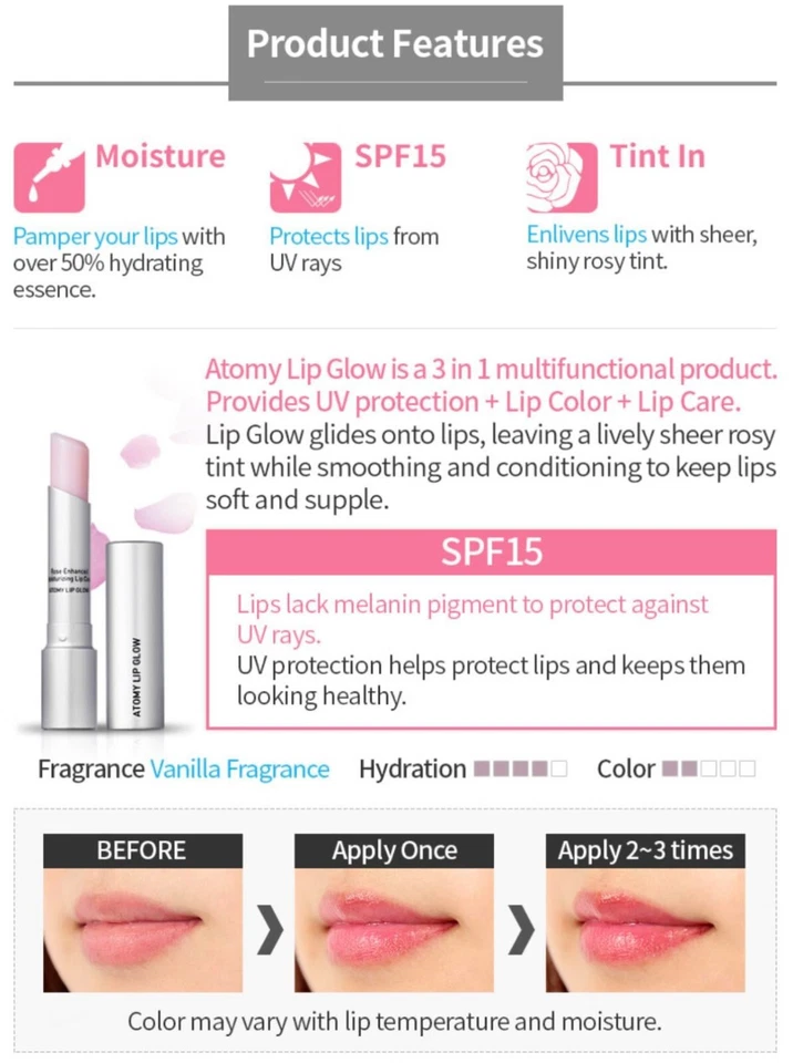 Korean Atomy Lip Glow SPF 15 Sunscreen lip balm Color changing Lipstick - Image 3 of 4