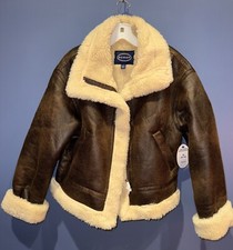 Med. 8-10 Womens Faux Leather Sherpa Cropped Bomber Coat, Scoop Nwt Brown Ivory