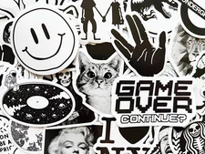 10-100 Black & White Transparent Sticker Pack For Cars Laptops Water Bottles