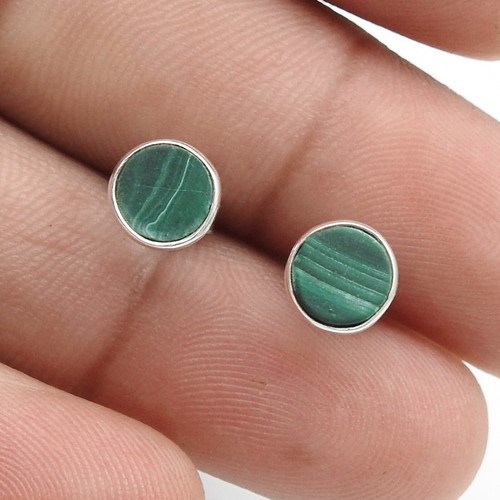 Minimalist Natural Malachite Solid 925 Silver Stud Earrings Women Gift Jewelry - Picture 2 of 9