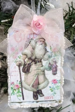 Shabby Chic Victorian Pink Roses Bow Vintage Santa Decoupage Christmas Ornament