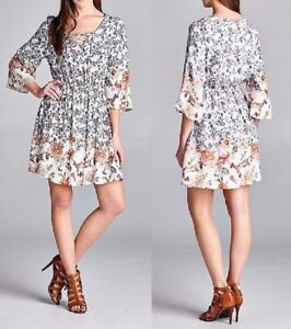  TUA  Bohemian Floral Print Lace up V Neck 3 4 Sleeve 