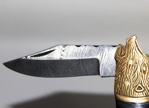 Cuchillo de bolsillo con mango de latón hoja plegable oso animal estuche de cuero de California BONITO - Imagen 7 de 8