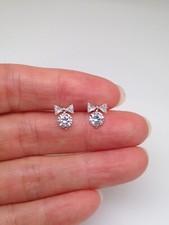 Round CZ  Bow Stud Earrings Sterling Silver 925 Tiny Studs 8mm