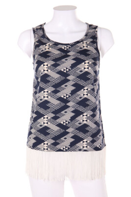 No Label Blouse Top Geometric Pattern Fringes D 36 blue