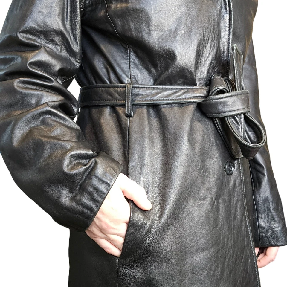 Gabardina de cuero de cordero mediano marrón oscuro años 90 cuello de piel sintética Penny Lane Foto 3 de 4