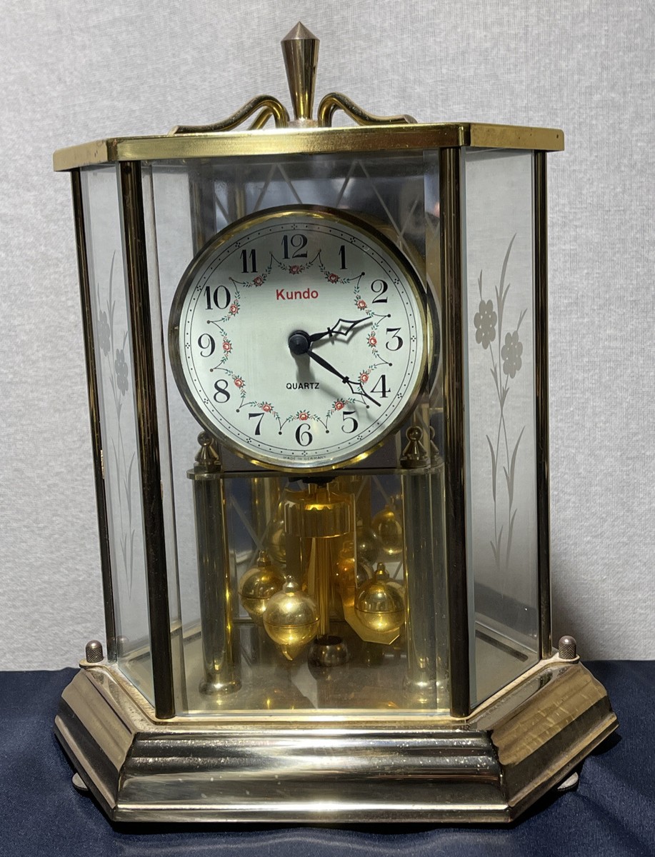 Vintage Kundo Shiny Gold Brass Pendulum Clock Mantle, West Germany