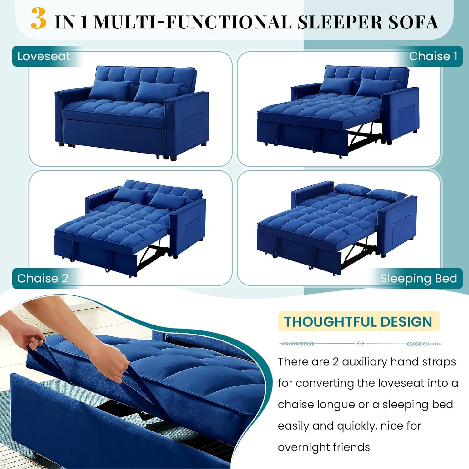 Sofa Bed Couch Sleeper Loveseat Convertible Pull-Out Bed Couch With Side Pockets