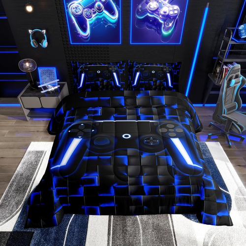 Gamer Twin Comforter Set for Boys Blue Gaming Kids Bedding Set Geometric Game...