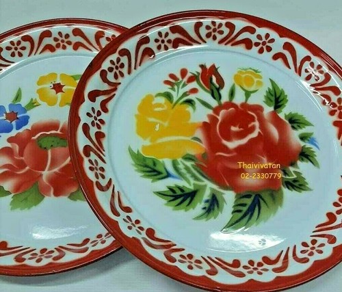 Set 8 Enamel Tray Thai Kitchenware Floral Pattern Vintage Art Decor Fruit Plate - Picture 3 of 12