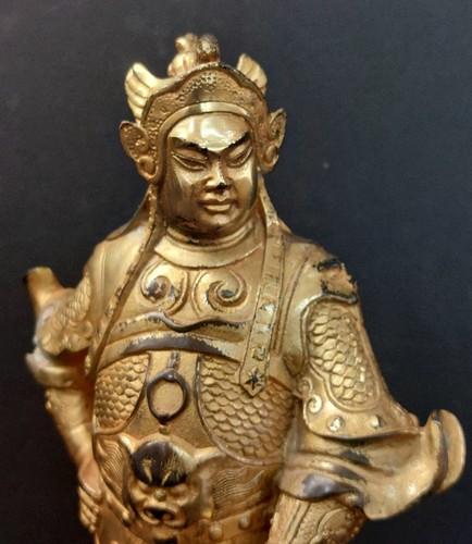 Alte Vintage chinesische vergoldete Bronze Bodhisattva Veda Wei Tuo Statue - 9,25" / 236 mm - Bild 3 von 15