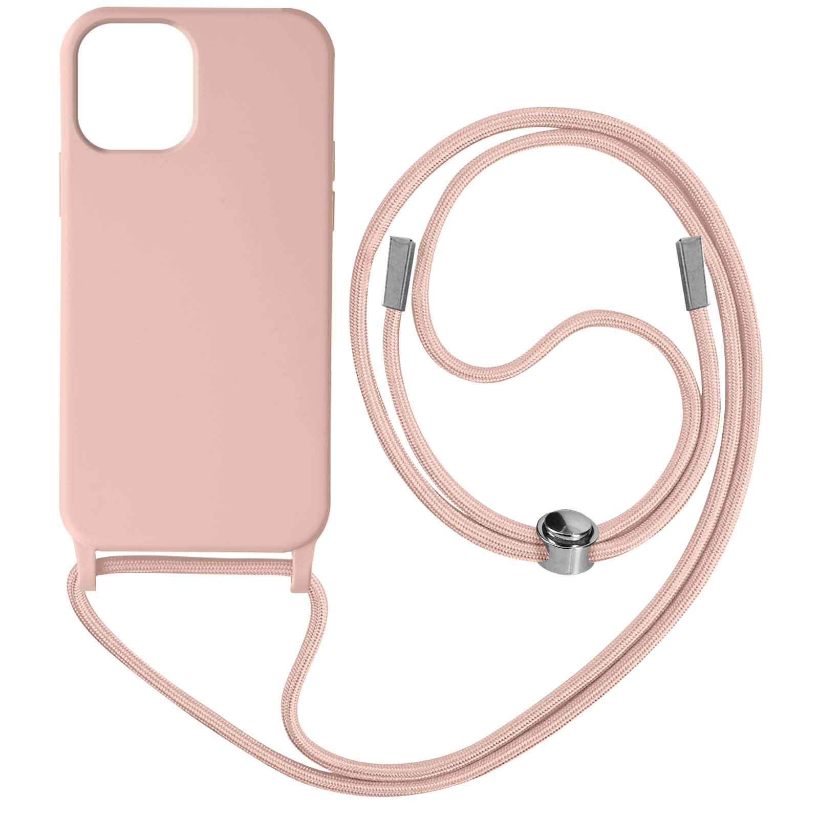 Coque cordon iPhone 12 Pro Max rose tendre antichoc avec chaîne nylon amovible