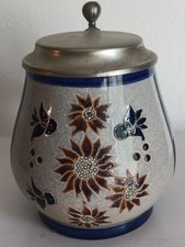 Stoneware Stein West Germany  Mug  Handarbeit  Pewter Floral Pewter Lid