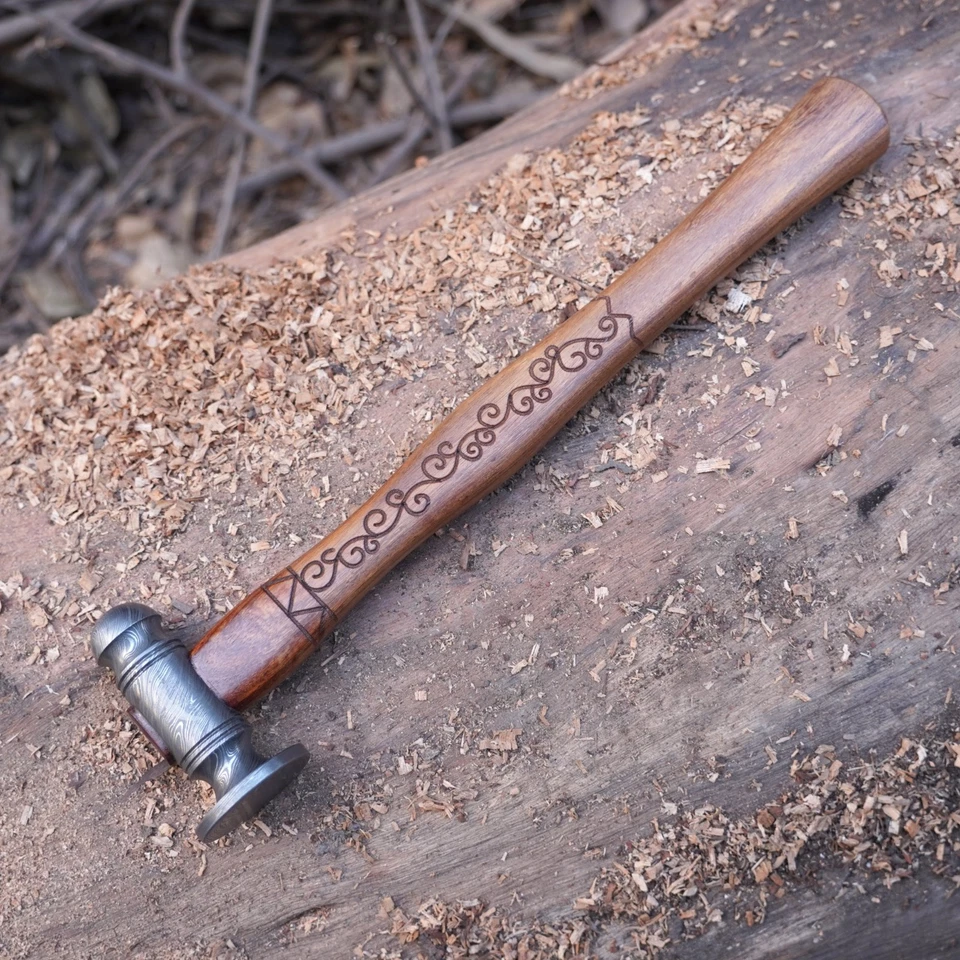 Martelo peen bola de aço damasco feito à mão de alta qualidade com cabo de madeira esculpida - Imagem 4 de 4
