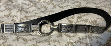 Chicos Leather Belt Black Silver Gold Hammered Buckle Western Boho Medium 36
