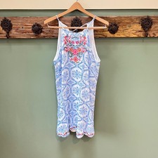 THML Blue Tile Print Embroidered Halter Mini Dress with Pink Tassels L