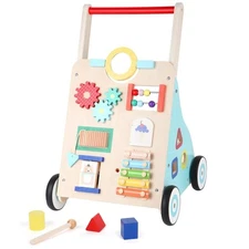 Wooden Baby Walker Push and Pull Learning Activity Center w/ Wheels Push Toy