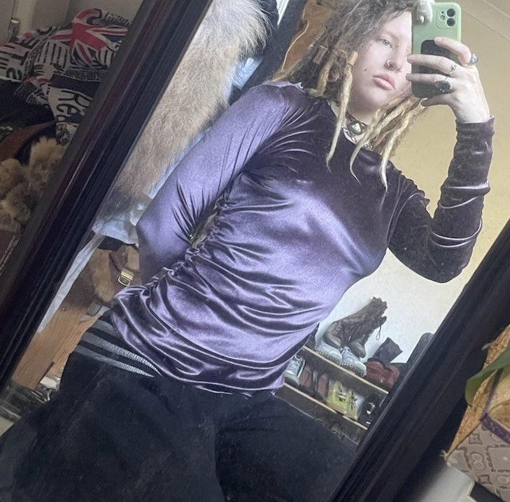 Beautiful Italian Made Purple Velvet Avant Garde Long Sleeve With Ruching 8-10