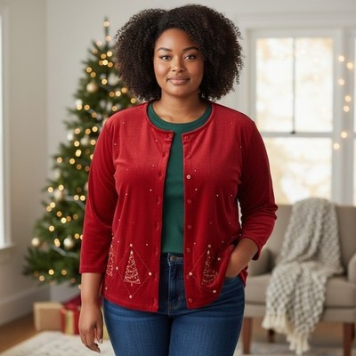 Merry & Bright Ladies Shacket Jacket Shirt 2X Christmas Red Christmas Trees