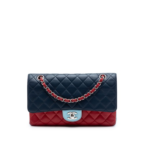 Chanel Medium Classic Tricolor Lambskin Double Flap Pre-Loved Shoulder Bag Navy