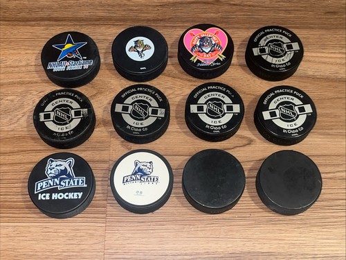 Ice Hockey Pucks, Mixed Lot Of 12 Used Hockey Pucks - NHL / Panthers / Penn St