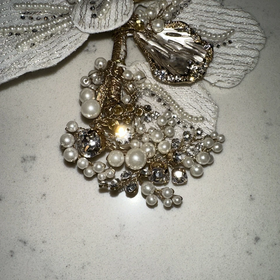 David's Bridal Floral Gold & White Rhinestones & Pearls Hair Clip - Image 2 of 4