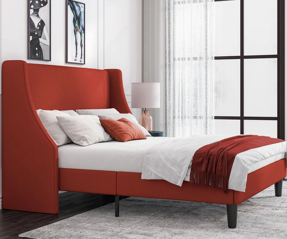 Marco de cama de plataforma moderno tamaño completo Sifurni con respaldo de ala, naranja quemado Foto 2 de 4
