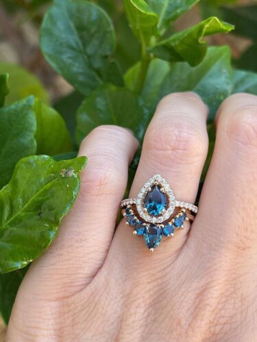 2 Ct Pear Cut Simulated Blue Topaz Wedding Bridal Ring Set 14K Rose Gold Plated - Picture 3 of 4