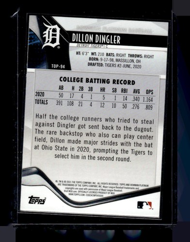 2021 Bowman Platinum #TOP-94 Dillon Dingler Top Prospects Ice Foil - Picture 2 of 2
