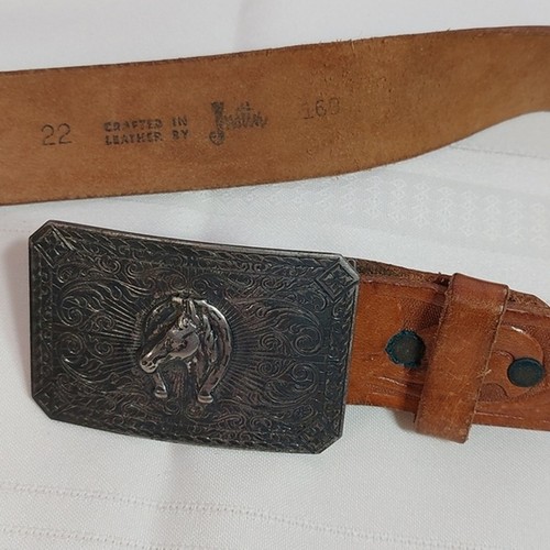 Crafted in Leather by Justin Brown Tooled Leather Belt Horse Horseshoe Size 22 - Picture 2 of 6