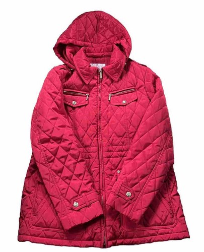 Michael Kors Red Diamond Quilted Jacket with Gold Tone Hardware Hood Size L