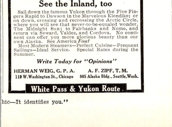 Antiguo anuncio Alaska White Pass Sail 5 dedos rápidos Dawson Yukon AK WA 2/1917 Foto 3 de 3