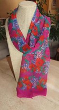 Oblong floral scarf; red, blue, fuchsia, green semisheer; 58 x 13 inches