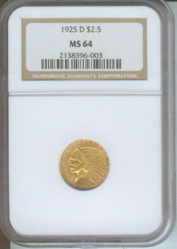 1925-D $2.5 INDIAN GOLD QUARTER EAGLE NGC MS64 Gold Coin MS-64 Older Holder !!