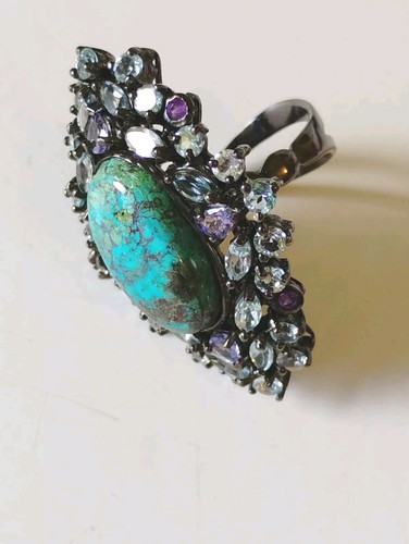 Genuine stabilized Turquoise,Tanzanite,Aquamarine Ring 925 Sterling black... - Picture 9 of 11