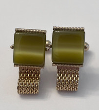 Vintage Cuff links Signed SWANK Green Stone Brushed Ornate Gold Tone
