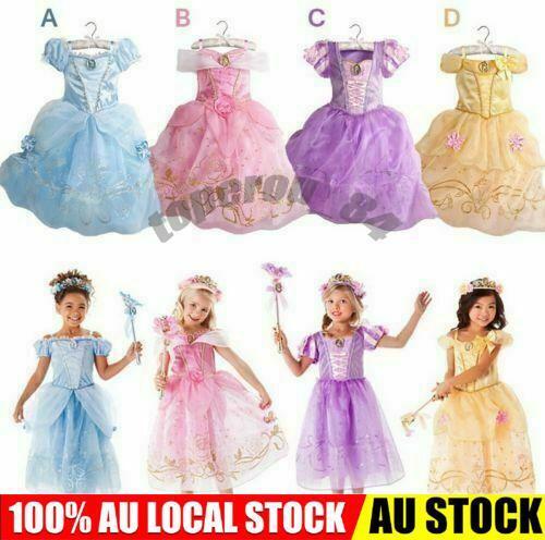 Kids Girl Costume Princess Fairytale Fancy Dress UP Belle Cinderella Rapunzel AU - Picture 1 of 16
