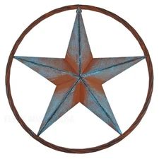 Metal Barn Star Circle Wall Decor Rust Brown Turquoise Finish 16 inch
