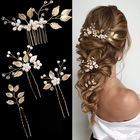 4 Pieces Bridal Wedding Hair Pins Gold Leaf Crystal Pearl Hair Pins Clips Flower