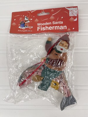 Fisherman Santa 90s Folk Art Riding Trout Vintage Y2K Christmas Ornament 6  NEW