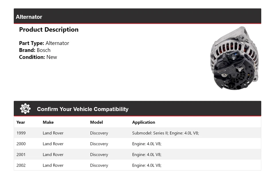 Alternador Bosch para Land Rover Discovery 1999-2002 4,0 L V8 (nuevo) 2000 2001 Foto 2 de 4