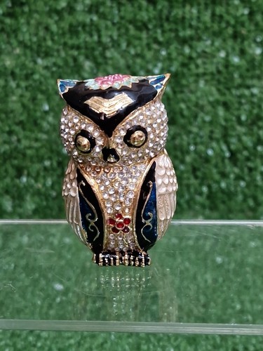 Enamelled Metal Jewelled Owl Trinket / Pill Box Hinged Lid Vintage - Picture 2 of 10