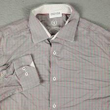 Bugatchi Uomo Shirt Mens 17.5 Red Green Blue Check Dress Button Up Long Sleeve