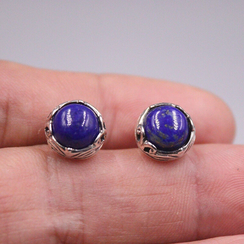 Серьги-гвоздики из стерлингового серебра 925 пробы с натуральным лазуритом круглые драгоценные камни - Изображение 4 из 4